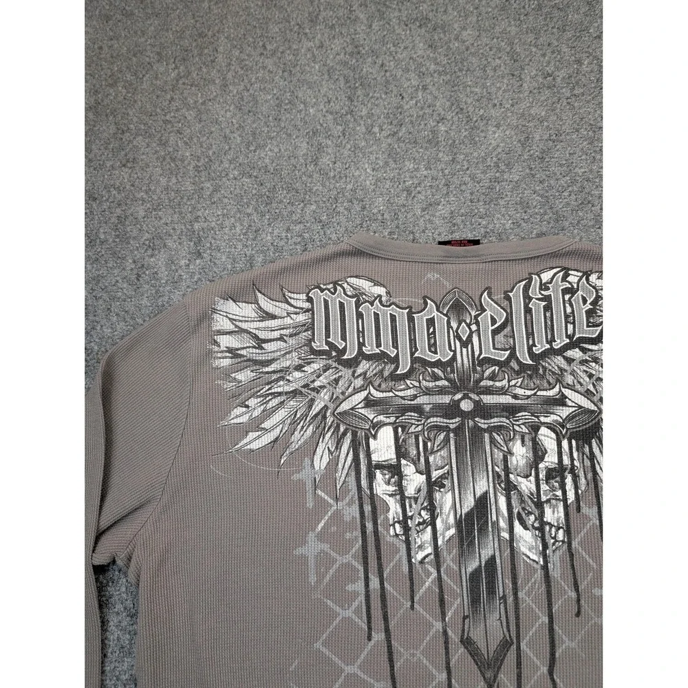 MMA Elite Shirt Mens 2XL Gray‎ Waffle Thermal Long Sleeve Skull Cross Graphic